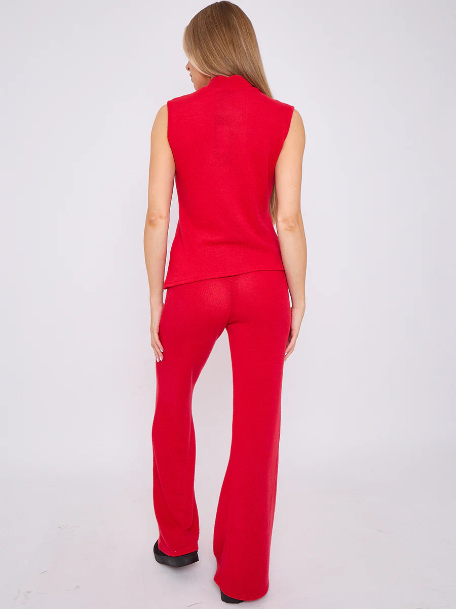 woven knit asymmetric high neck sleeveless top flared trouser co ord red rear