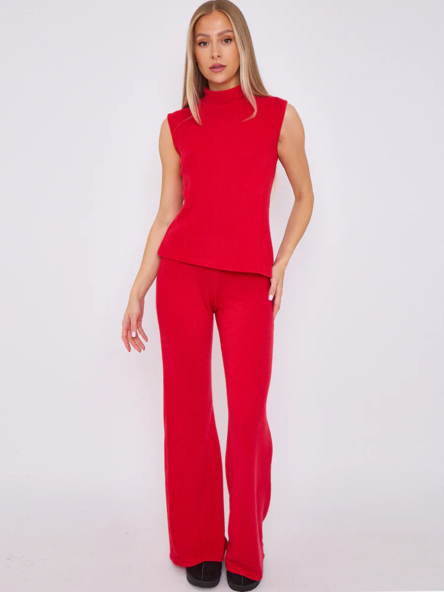 woven knit asymmetric high neck sleeveless top flared trouser co ord red alternate