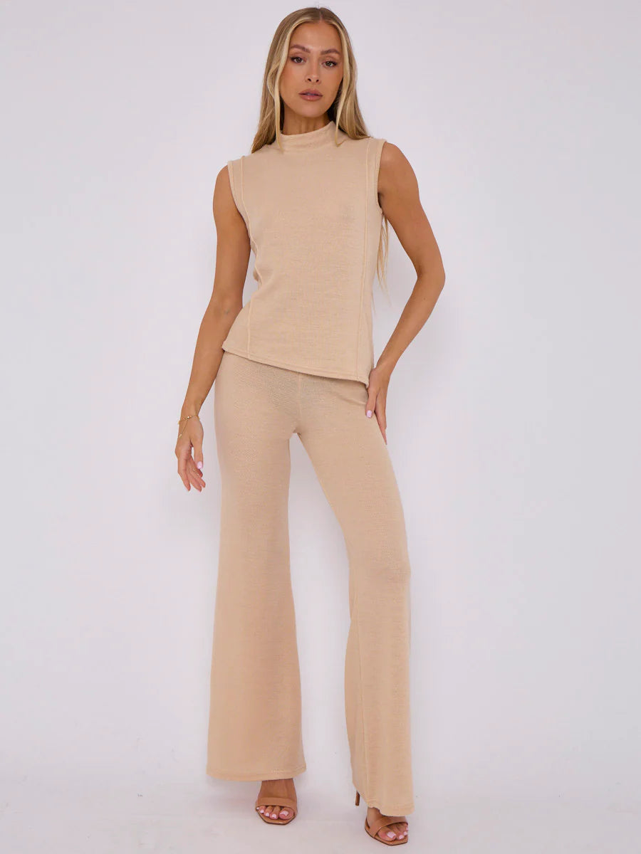 woven knit asymmetric high neck sleeveless top flared trouser co ord stone