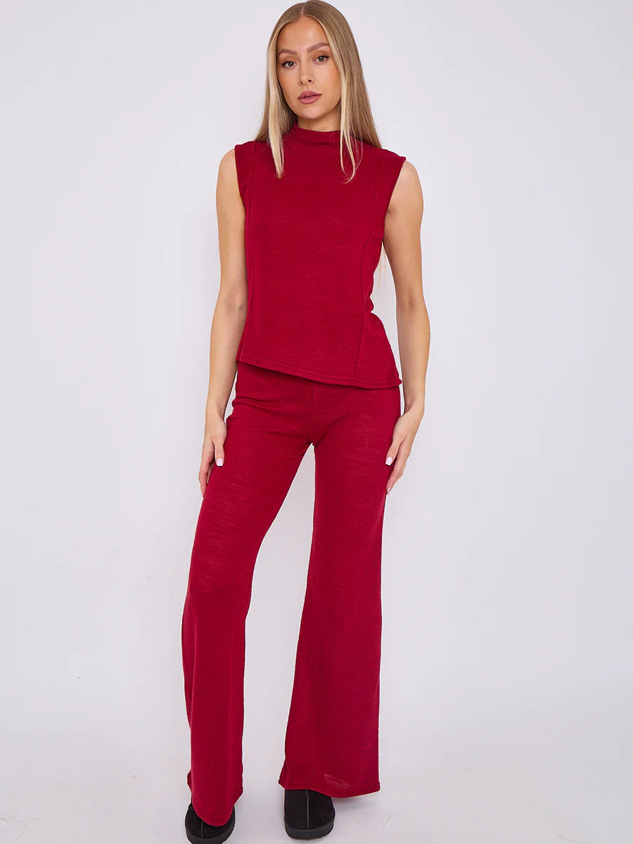 woven knit asymmetric high neck sleeveless top flared trouser co ord wine alternate