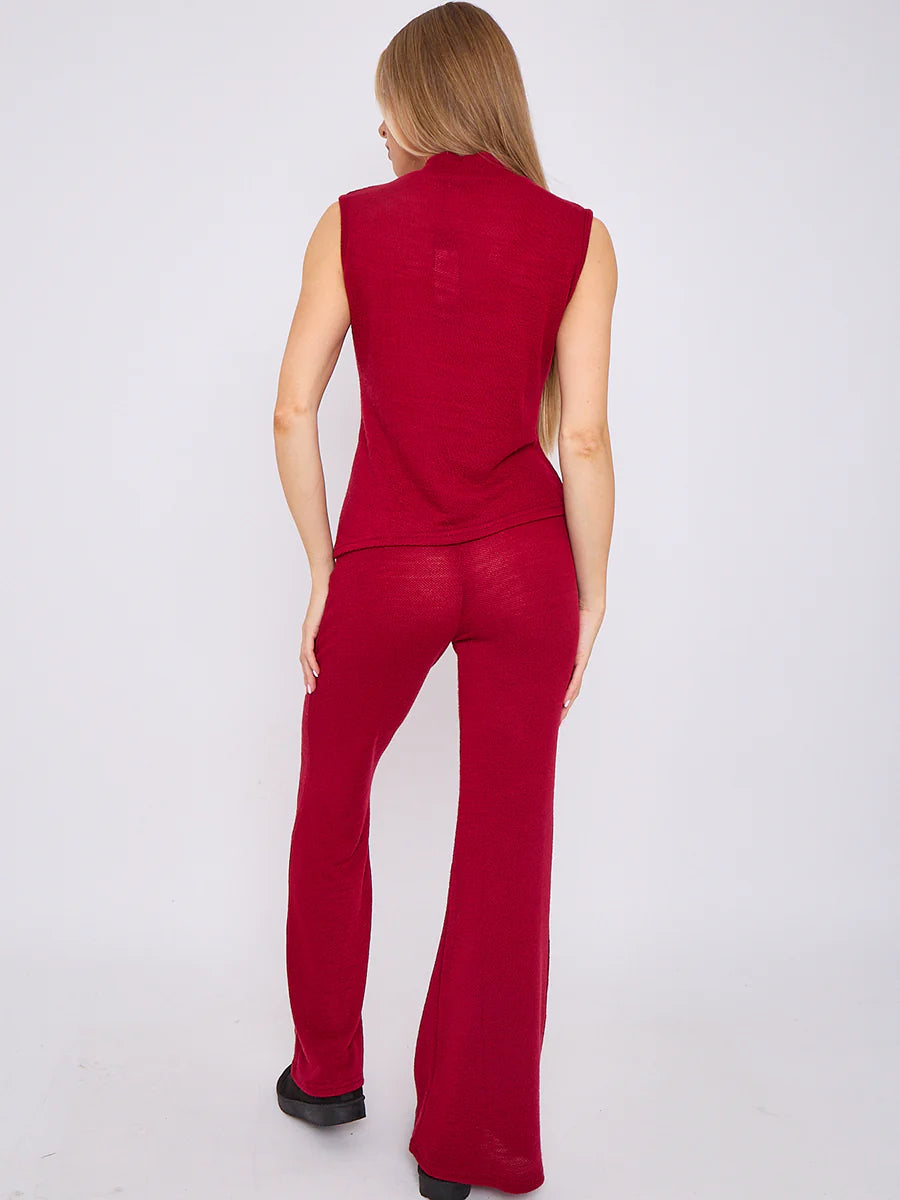 woven knit asymmetric high neck sleeveless top flared trouser co ord wine rear