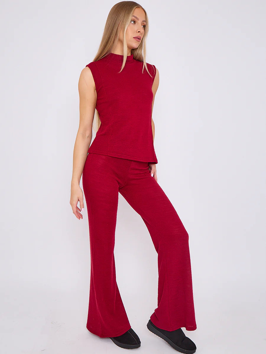 woven knit asymmetric high neck sleeveless top flared trouser co ord wine side alternate