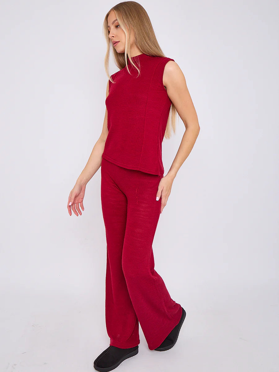 woven knit asymmetric high neck sleeveless top flared trouser co ord wine side