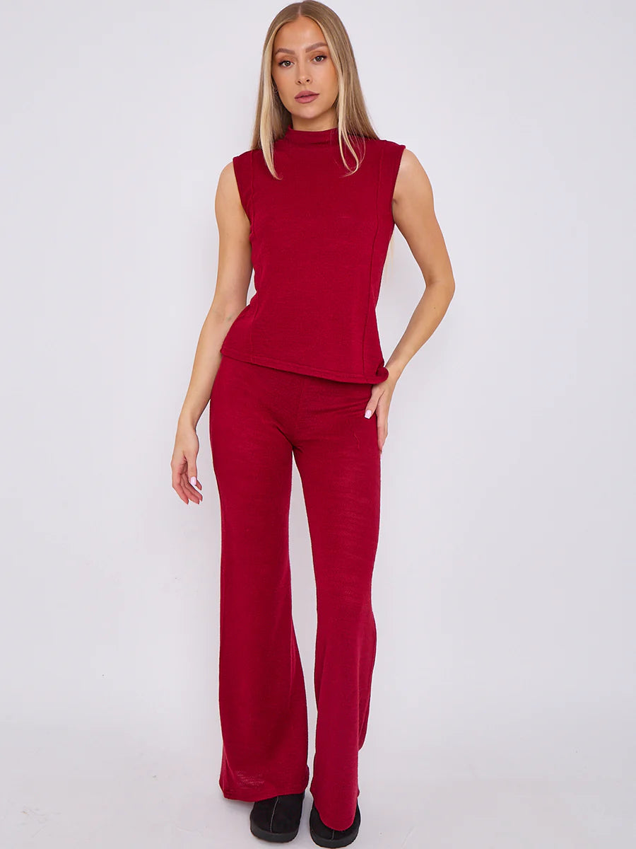 woven knit asymmetric high neck sleeveless top flared trouser co ord wine