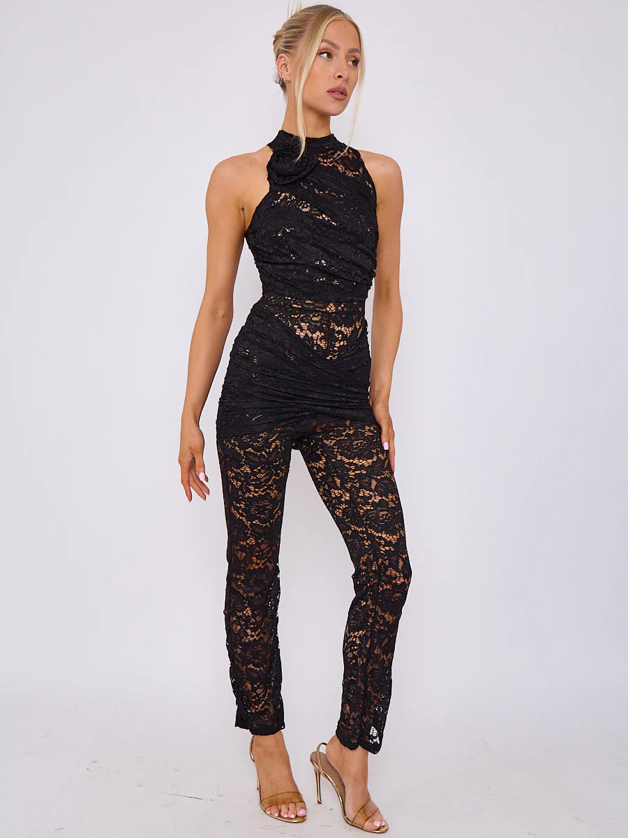 wrap around flower detail lace jumpsuit black alternate side