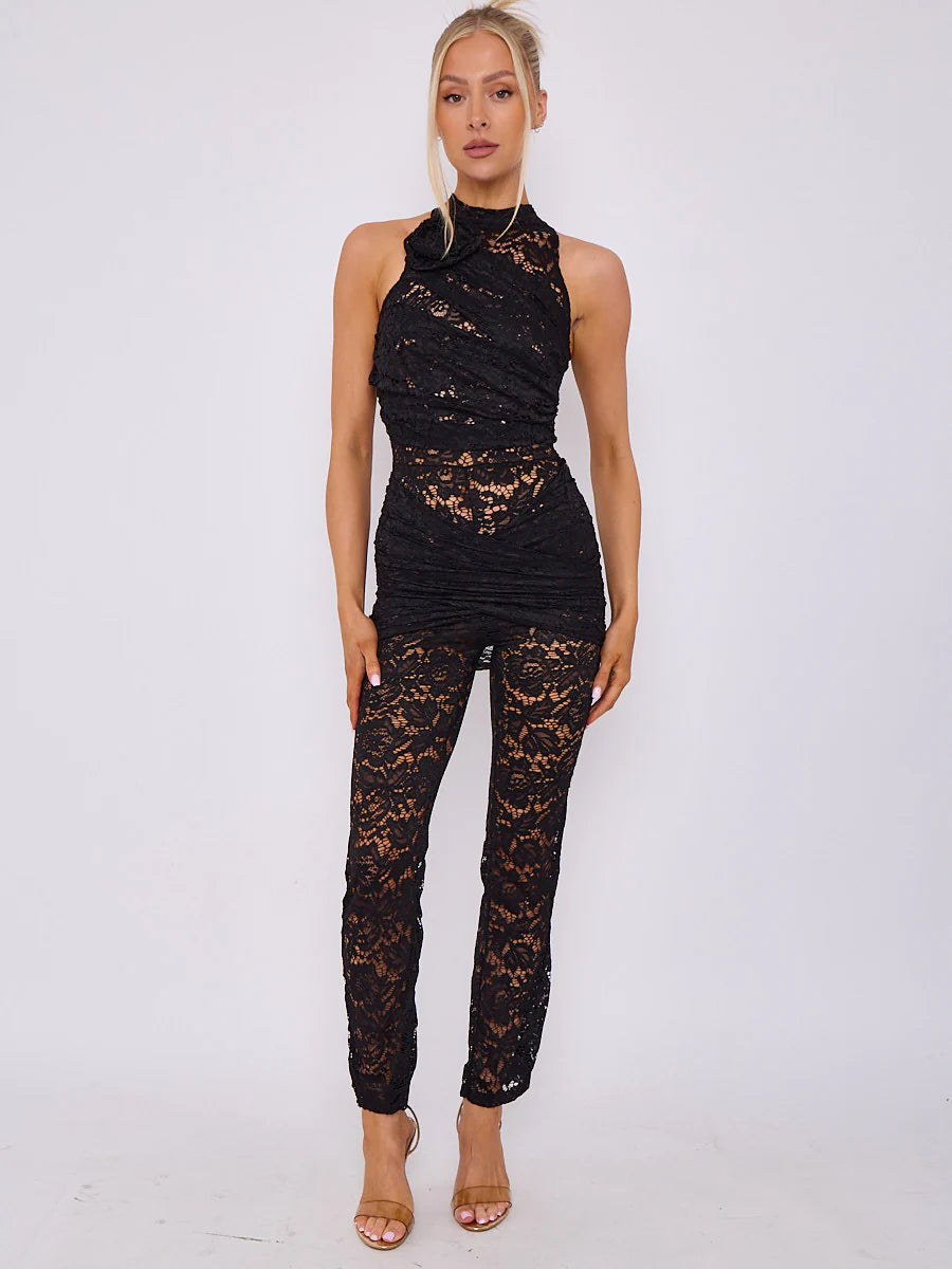 wrap around flower detail lace jumpsuit black alternate