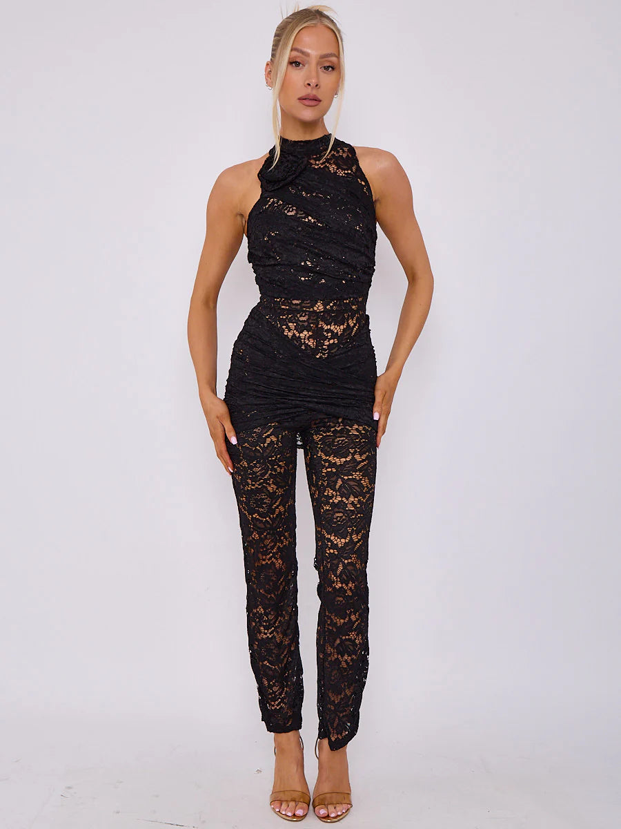 wrap around flower detail lace jumpsuit black