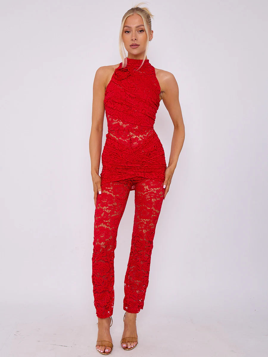 wrap around flower detail lace jumpsuit red