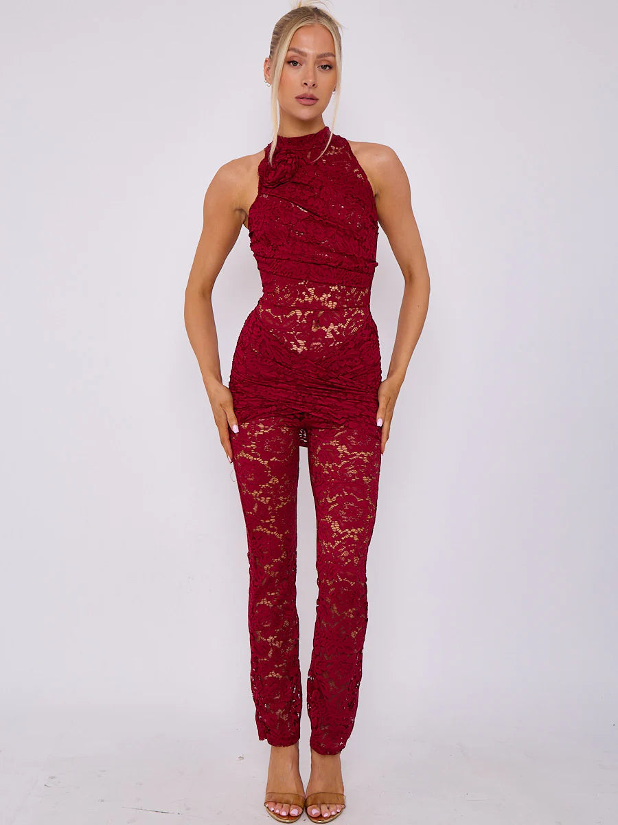 wrap around flower detail lace jumpsuit wine