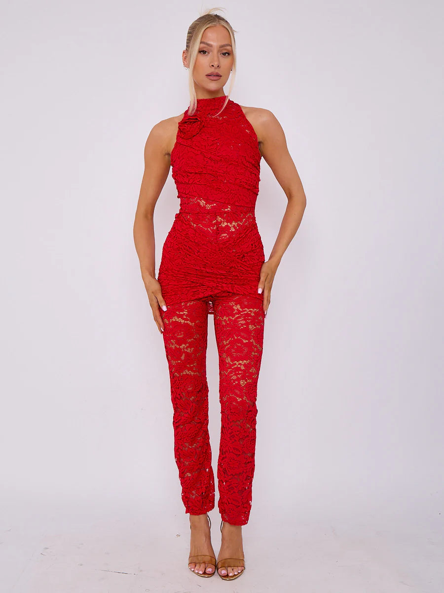 wrap around flower detail lace jumpsuit