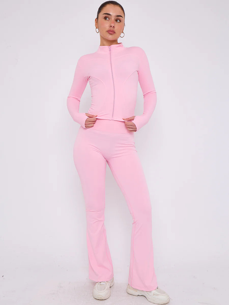 zip up flared leg gym set pink